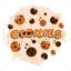 Cookies hand-lettering logo, digital vector illustration of brown cookies with chocolate balls on the watercolor spot. The illustration is for the cookie packaging banner cards poster. Dessert.