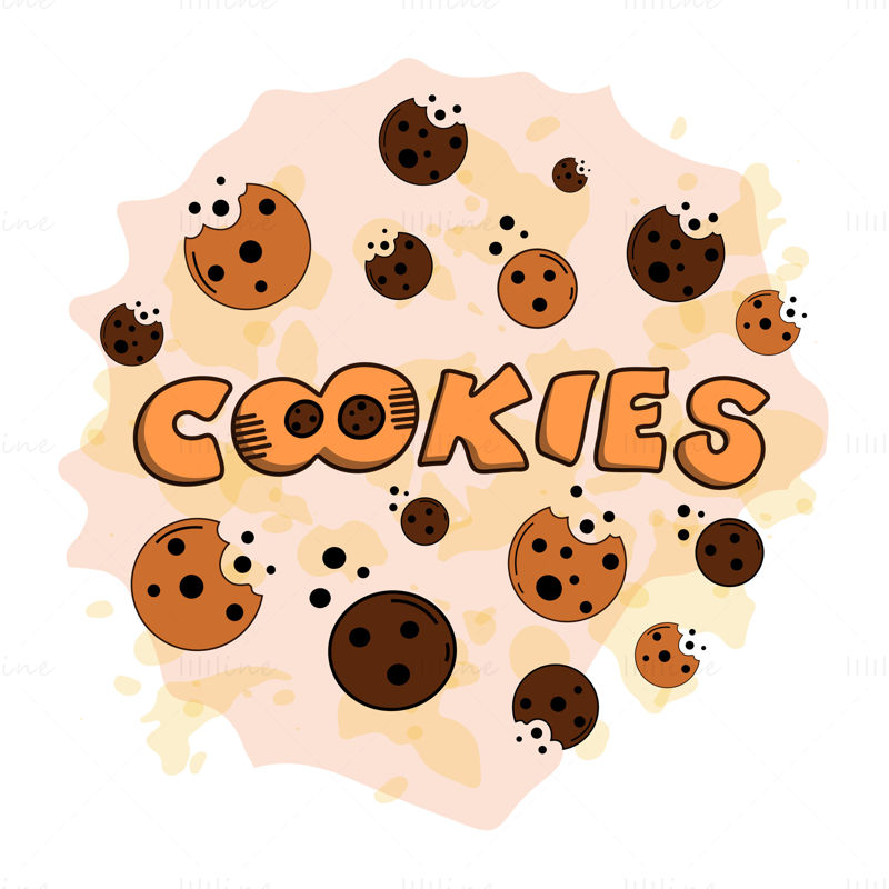 Cookie-k kézzel betűkkel logó, digitális vektoros illusztráció barna sütikkel csokoládégolyókkal az akvarell folton. Az illusztráció a süticsomagoló bannerkártyák poszteréhez készült. Desszert.