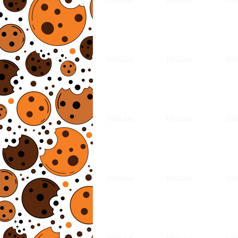 Cookies, digital vector illustration of brown cookies with chocolate balls on the left side white background. The illustration is for the cookie packaging banner cards poster. Dessert.