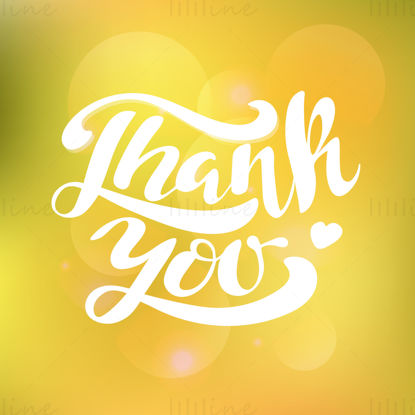 Thank you, white hand lettering with a heart on yellow shining background with sparkles. Blur effect. Vector illustration is for printing banner card invitation t-shirt notebook poster sticker.