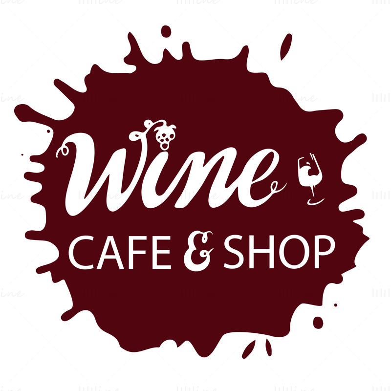 Designet logo for vinbutikk hvite bokstaver på den vinøse akvarellflekken