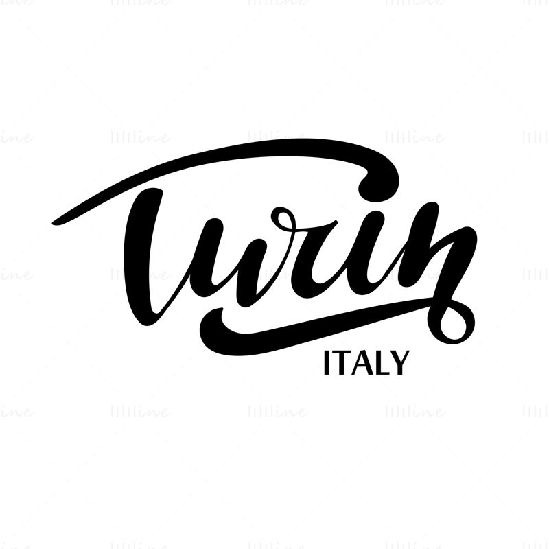 Letras de mão digital da cidade italiana de Turim para o negócio de viagens, banner, adesivo, folheto, cartão, celebração. Letras pretas sobre fundo branco, ilustração vetorial.