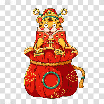 Year of the tiger illustration chinese cartoon tiger god of wealth money bag
