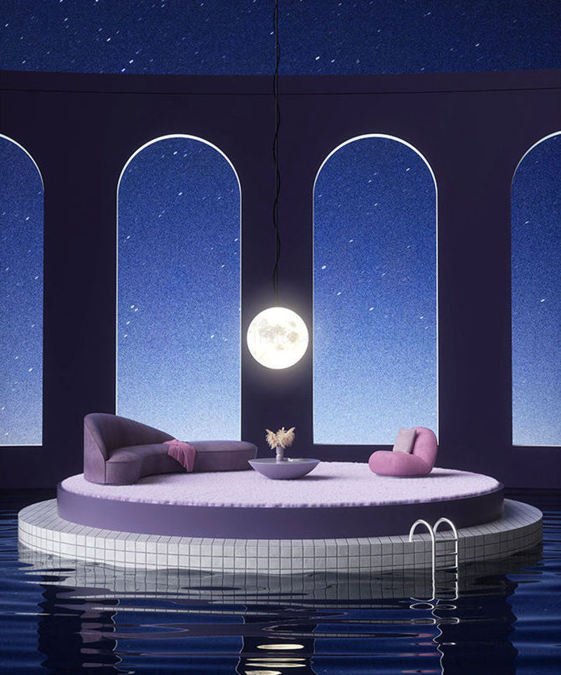 Diverse formate c4d water pool moon 3d night scene