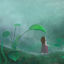 Advertising design template rainy day girl hiding from the rain under the leaves