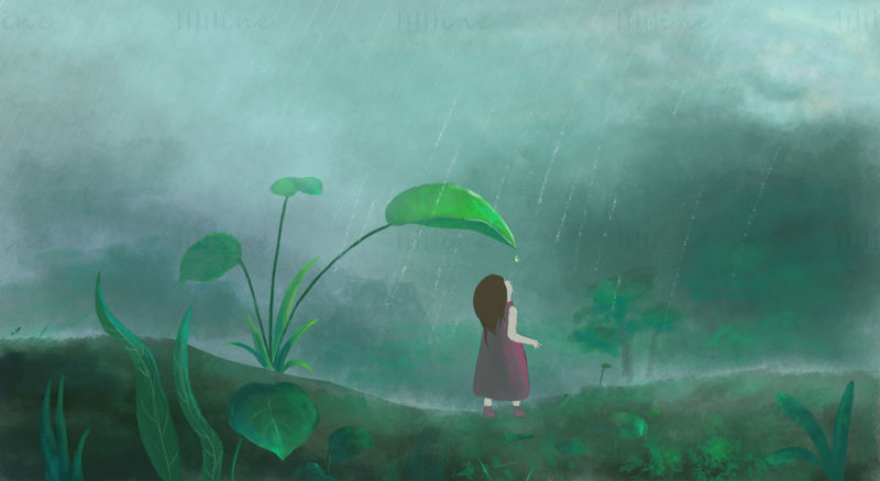 Advertising design template rainy day girl hiding from the rain under the leaves