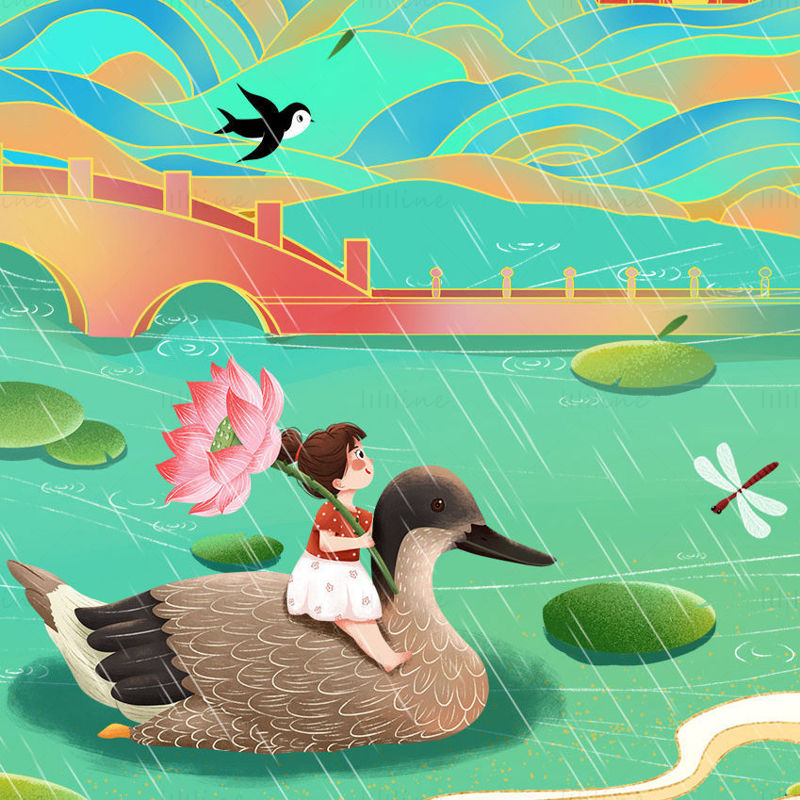插画绿色清新传统二十四节气女孩手拿荷花骑着鸭子在湖上