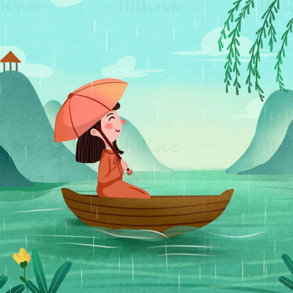 简约雨水节卡通女孩撑伞坐船