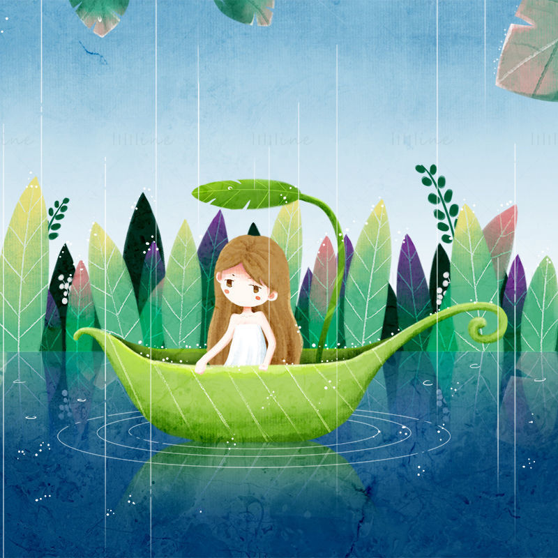 葉のイラストポスターとボートに座っている雨の日の女の子 Llllline