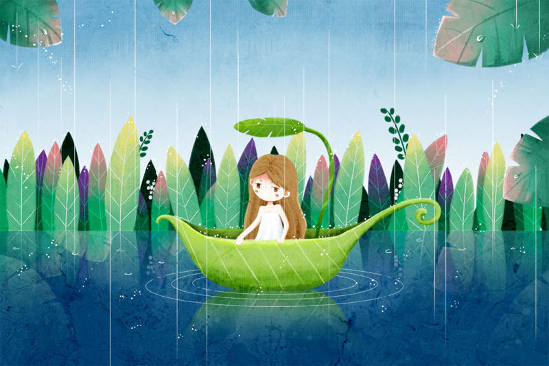 rainy day girl sitting on a boat with leaves illustration poster