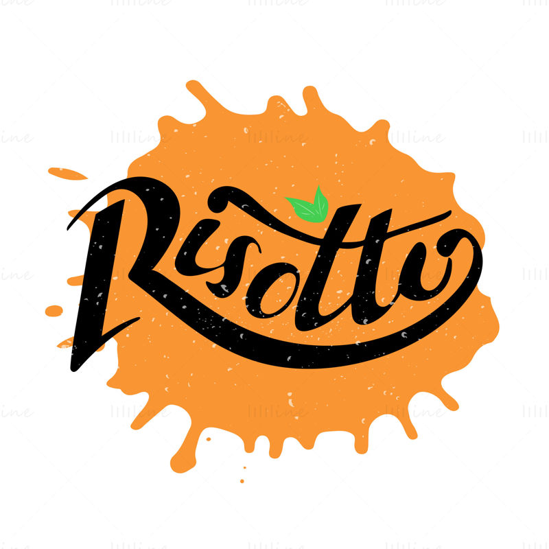 烩饭。意大利食物。用于餐馆、咖啡馆、企业、广告、传单、横幅的数字手写字体。橙色水彩斑点上带有叶子和稻米纹理的黑色字母。
