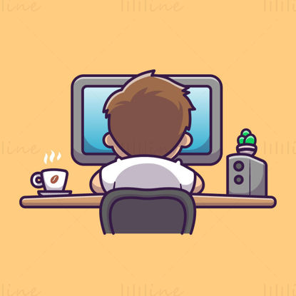 Cartoon employee working in front of computer EPS format