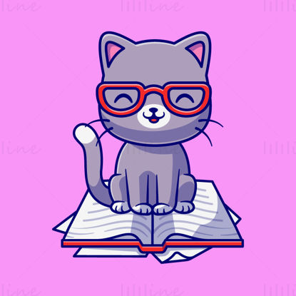 بچه گربه کارتونی با عینک که روی یک تصویر کتاب EPS نشسته است