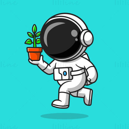 Cartoon astronaut character running with plant in hand EPS