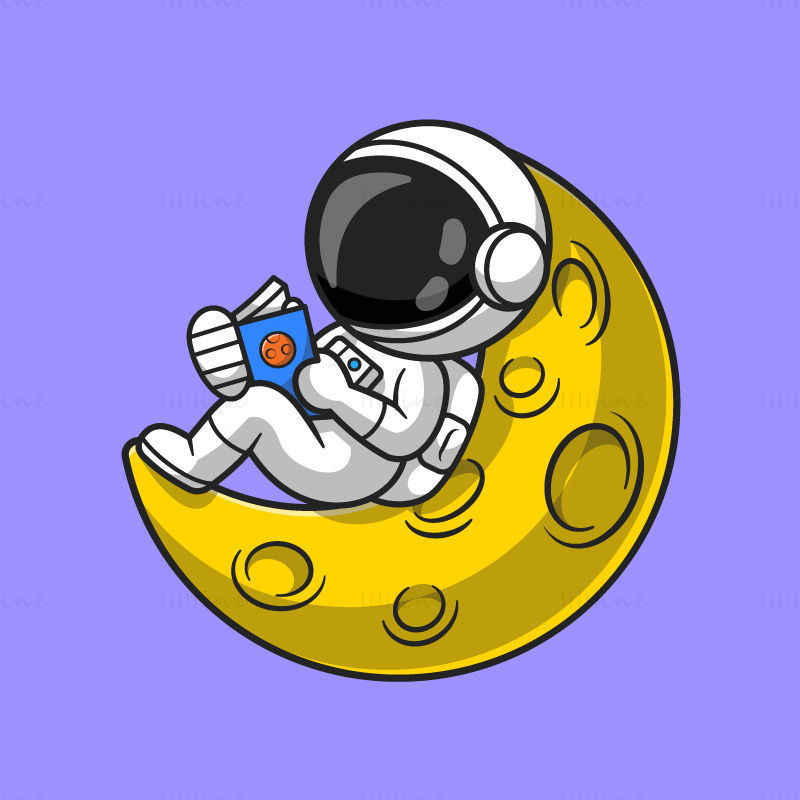فضانورد طراحی کارتونی که روی ماه دراز کشیده در حال خواندن کتاب EPS است