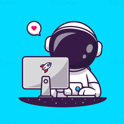 Cartoon astronaut typing in front of computer illustration vector EPS