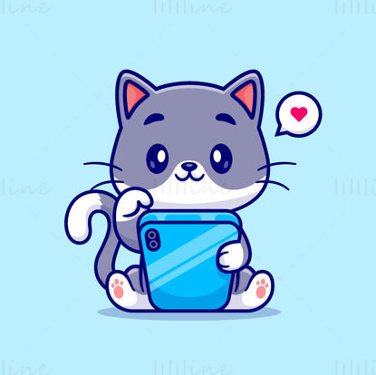 Cartoon animal kitten playing with mobile phone vector EPS