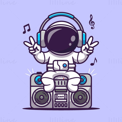 Cartoon cute astronaut wearing headphones sitting on the radio Victory Sign vector EPS