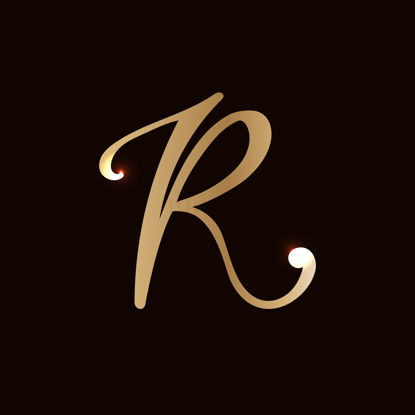 буква R. Златна буква с искри на тъмнокафяв фон. Лого с надписи на ръка за шаблони за визитни картички плакати банери