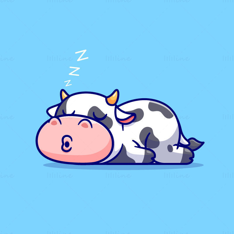 可爱卡通睡着的奶牛动物角色插画EPS