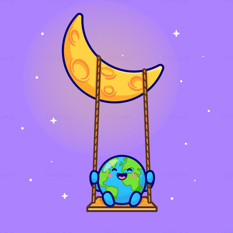 Cartoon anthropomorphic earth moon swinging illustration vector EPS