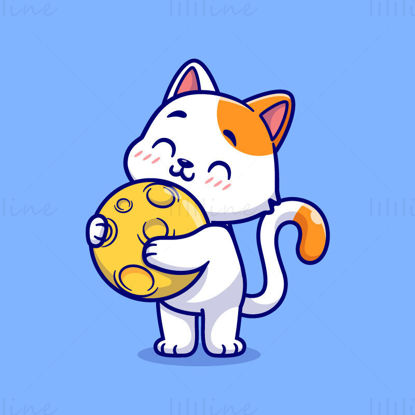 Cartoon kitten holding the moon character illustration material