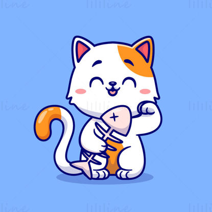 Cartoon kitten holding fish bone animal character illustration material eps