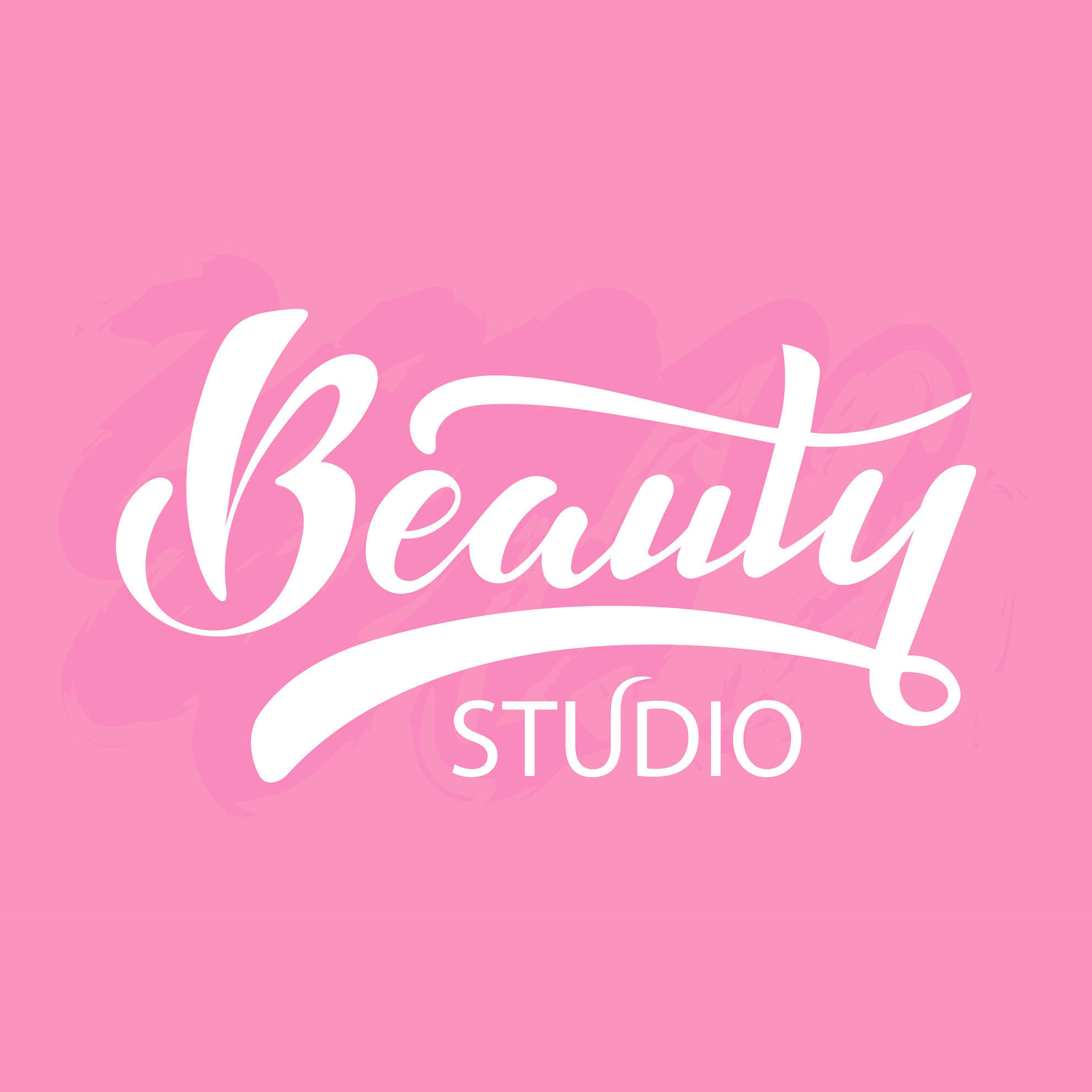 Beauty studio. White letters handwritten logo on a pink background with ...