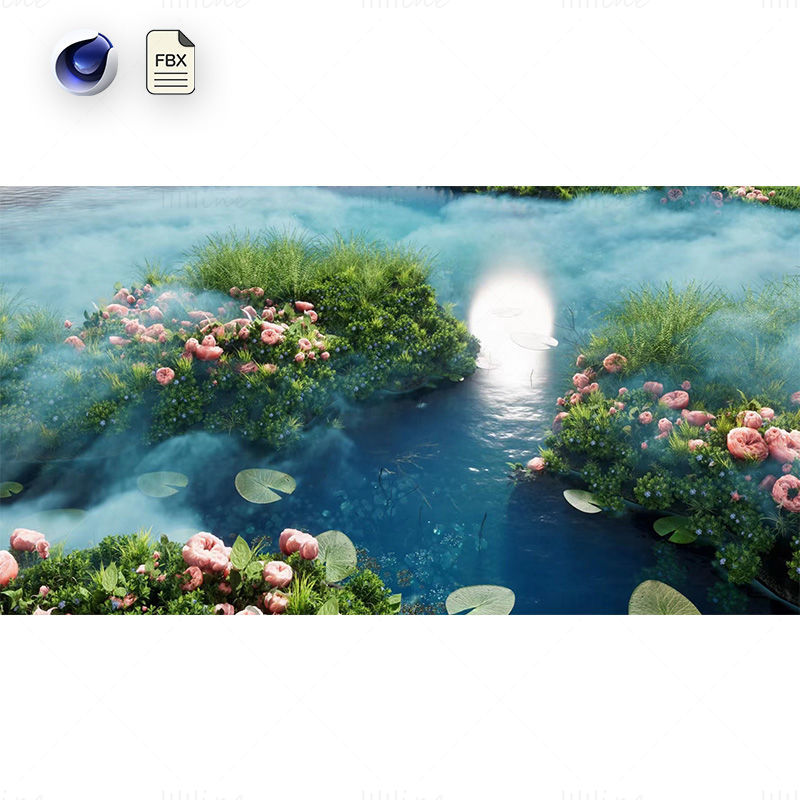 Various formats c4d moonlight pond 3d scene lake model lotus leaf pond scene