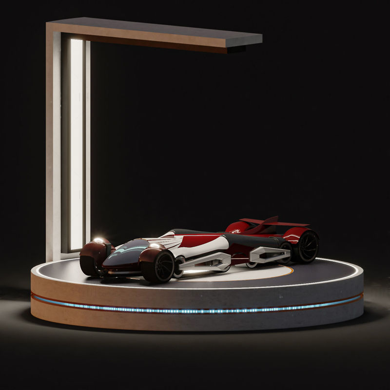 Concept de voiture de sport + scène de modèle 3D de stand