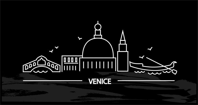 Venice vector illustration in the line art style. White lines on the black background with a water texture. Elegant style for traveling brochures, banners, stickers, cards. Italian city.