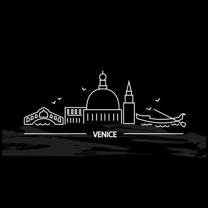 Çizgi sanatı tarzında Venedik vektör çizimi. Su dokusu ile siyah zemin üzerine beyaz çizgiler. Seyahat broşürleri, afişler, çıkartmalar, kartlar için zarif stil. İtalyan şehri.
