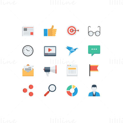 File likes encourage bullseye glasses clock video thousand paper cranes chat trumpet chess piece three-point magnifying glass data chart man element vector icon PPT format