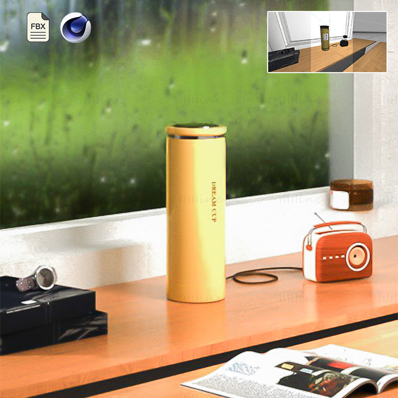 C4D 3d модель оконной чашки с водой, термоса, радио, подоконника, сцены