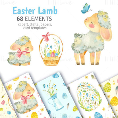 Húsvéti bárány - akvarell clipart, varrat nélküli minták és kártyasablonok húsvéti dekorációhoz.