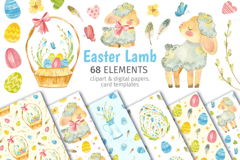 Húsvéti bárány - akvarell clipart, varrat nélküli minták és kártyasablonok húsvéti dekorációhoz.