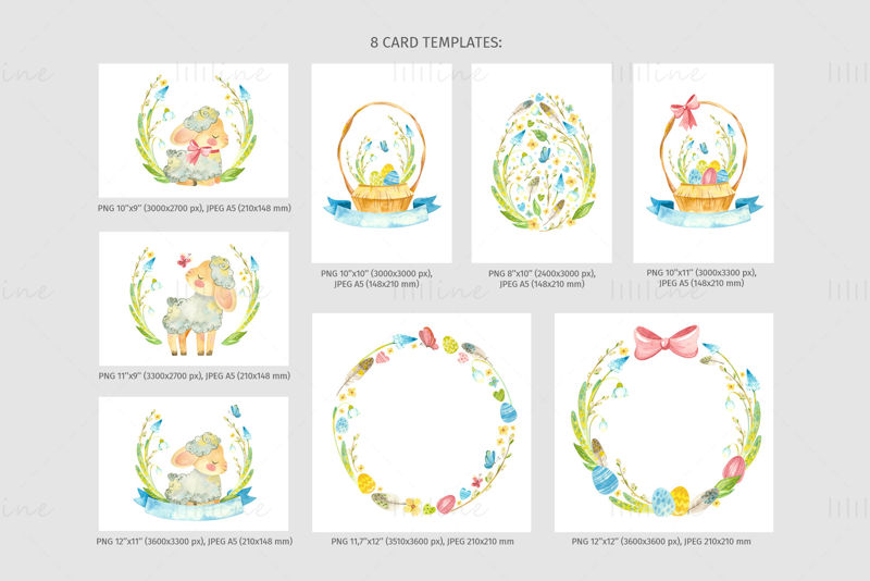 Paskalya kuzusu - suluboya küçük resim, dikişsiz desenler ve Paskalya süslemeleri için kart şablonları.