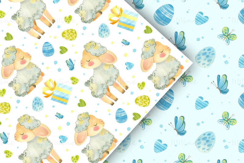 Easter lamb - watercolor clipart, seamless patterns & card templates for Easter decorations.
