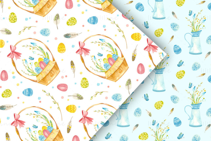 Paskalya kuzusu - suluboya küçük resim, dikişsiz desenler ve Paskalya süslemeleri için kart şablonları.