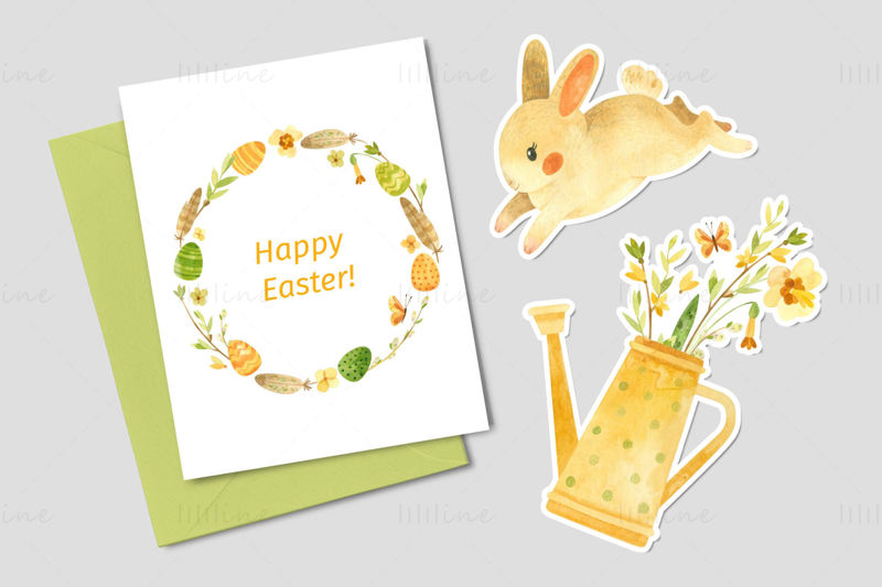 Clipart de acuarelă de Paște rustic, modele fără sudură și șabloane de card cu iepurași drăguți, ouă de Paște și flori de primăvară.