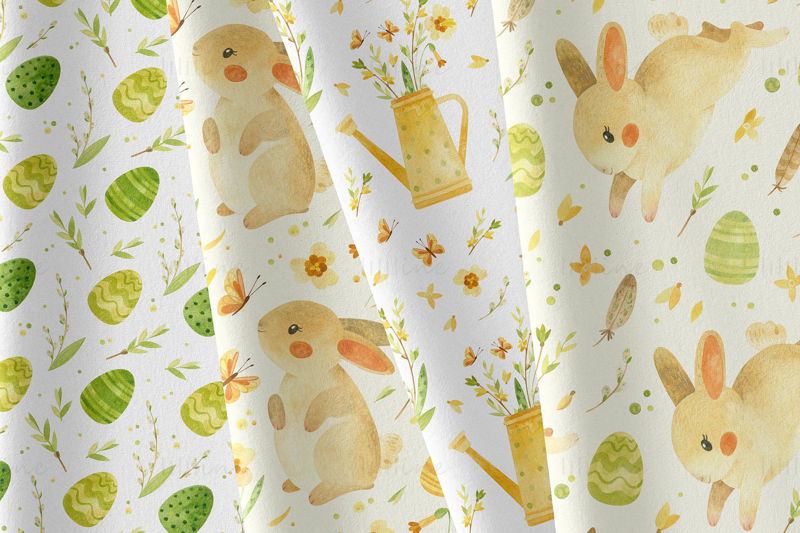 Rustic Easter watercolor clipart, seamless patterns and card templates with cute baby bunnies, Easter eggs and spring flowers.