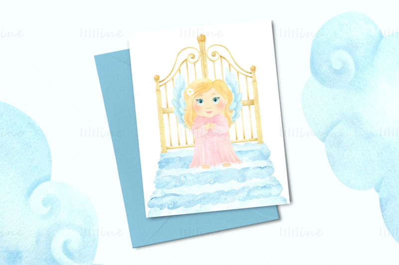 Little angels, watercolor clipart. Christian catholic cute Baby Angels, Stairway Clouds and  Heaven Gate PNG clip art.