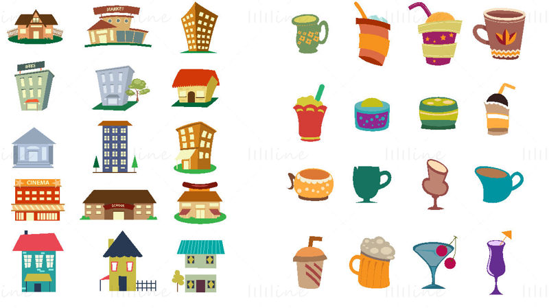 Colorful houses and dessert elements vector icons PPT format