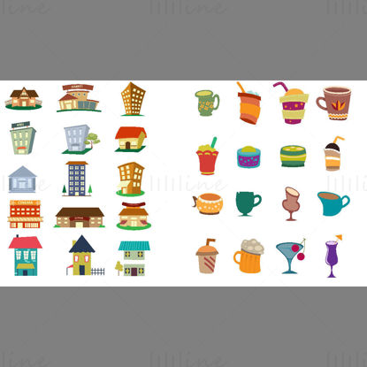 Colorful houses and dessert elements vector icons PPT format