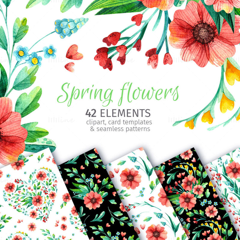 Tavaszi virágok – akvarell clipart, varrat nélküli minták, kártyasablonok. Virágkompozíciók, zökkenőmentes szegély, virágos szív és arany keretek PNG clip art.