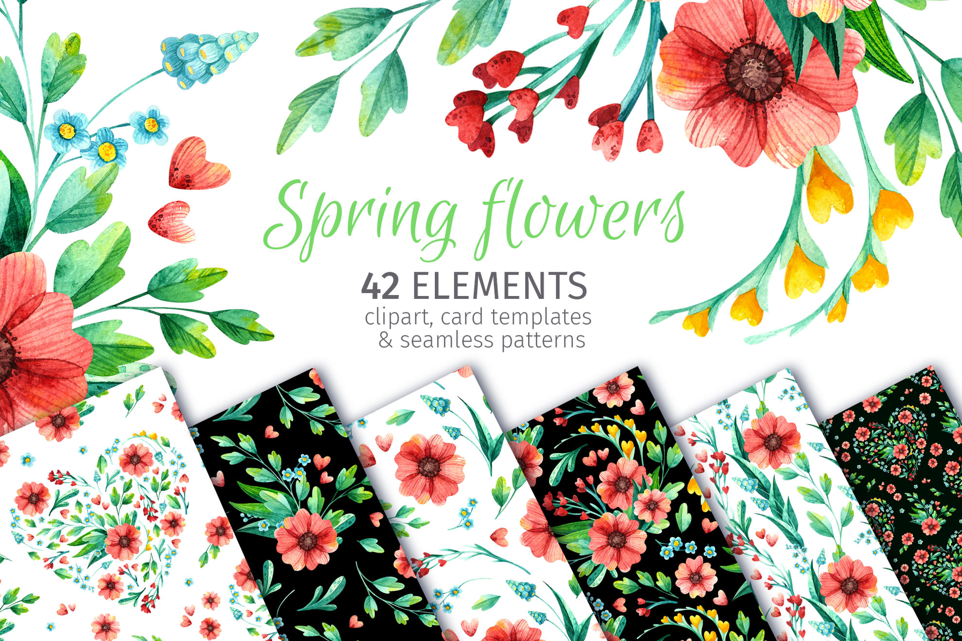 Spring flowers – watercolor clipart, seamless patterns, card templates ...