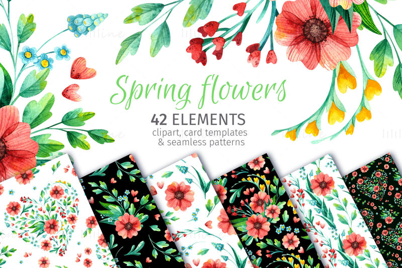 Spring flowers – watercolor clipart, seamless patterns, card templates. Floral arrangements, seamless border, floral heart & gold frames PNG clip art.