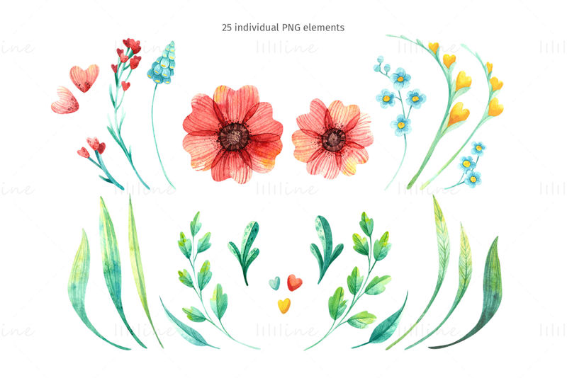 Spring flowers – watercolor clipart, seamless patterns, card templates. Floral arrangements, seamless border, floral heart & gold frames PNG clip art.