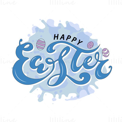 Boldog húsvéti ünnepeket digitális kézi betűkkel húsvéti tervezéshez és nyomtatáshoz pólókra, képeslapokra, matricákra, bögrékre. Kék betűk és lila tojások a kék akvarell folton