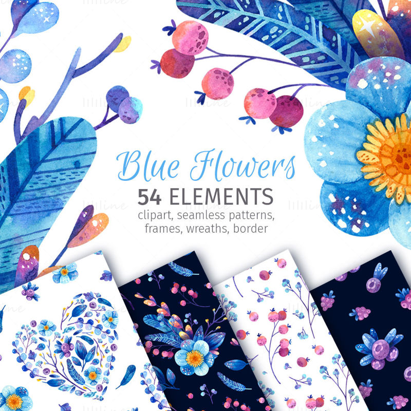 Clipart de acuarelă flori albastre și fructe de pădure, modele florale fără sudură, coroane, rame PNG. Clip art botanic